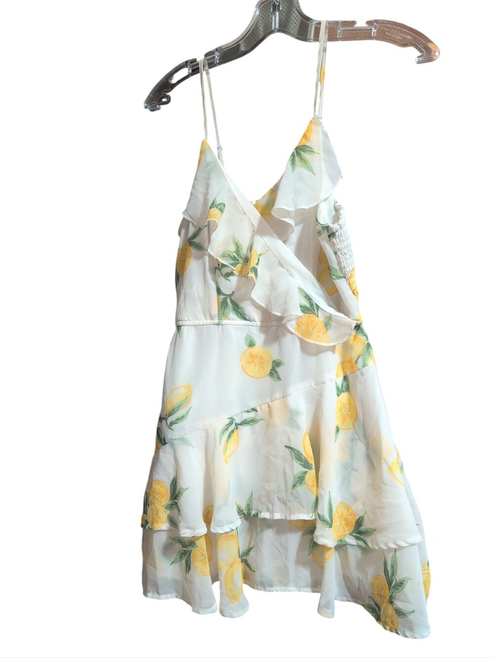 Women’s Lemon Print Ruffle Mini Romper Dress White Yellow Floral Wrap Style - Picture 2 of 7